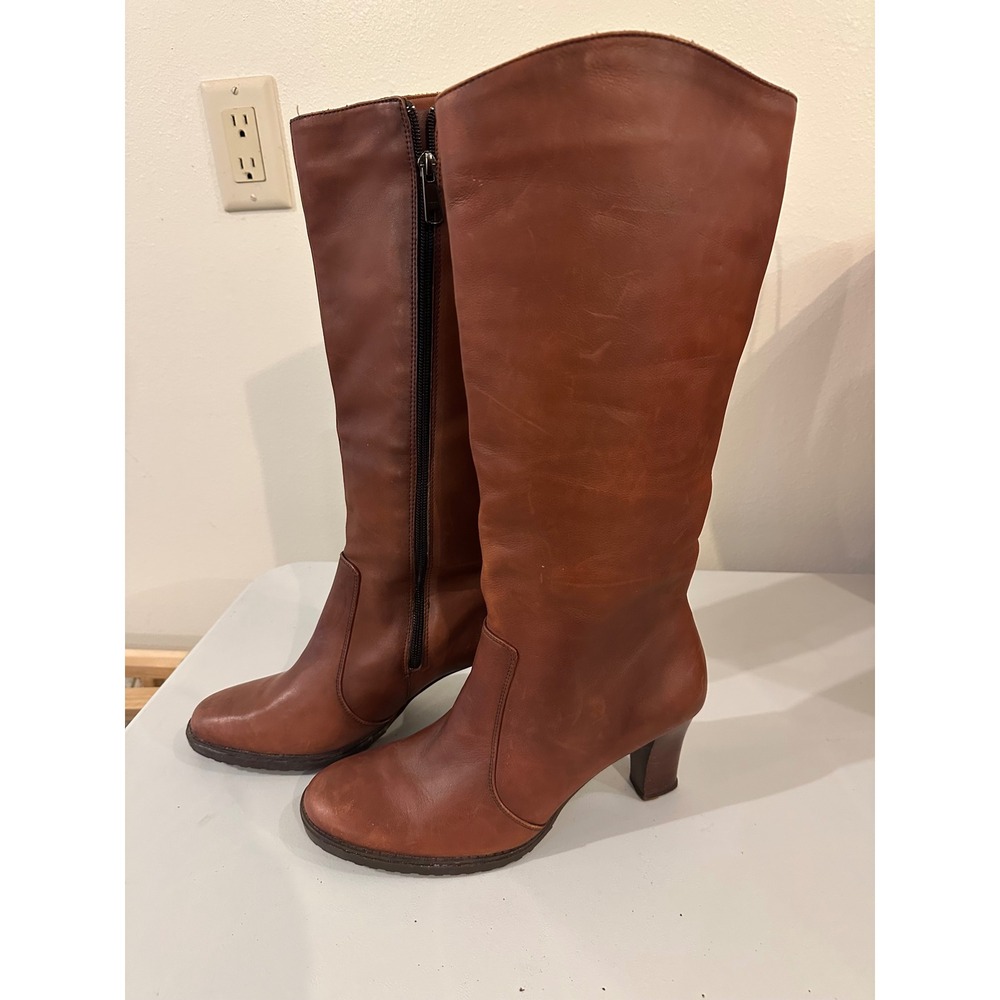 Naturalizer Conquest Cognac Brown Leather Tall Boots Womens 9 M 724P09 Lug Sole